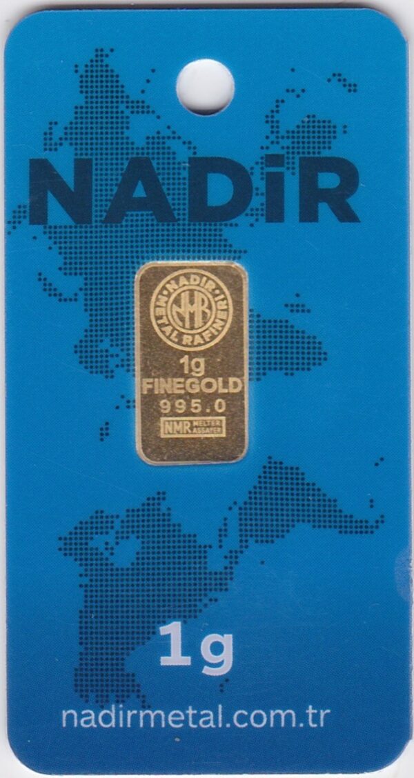 One Gram Gold Bar Nadir. This bar contains one grams of 995.0 fine gold refined by Nadir and comes presented in a sealed plastic packet.