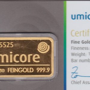 One Ounce Gold Bar from Umicore. This 999.9 fine gold bar comes presented in a plastic credit card sized packet and is perfect for investment.