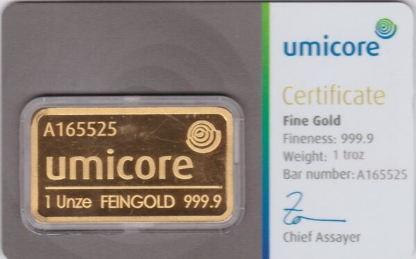 One Ounce Gold Bar from Umicore. This 999.9 fine gold bar comes presented in a plastic credit card sized packet and is perfect for investment.