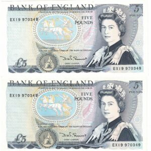 B343 Somerset Five Pounds banknotes. Blue-Black on multicolour underprint. The obverse features Elizabeth II. The reverse features Arthur Wellesley.