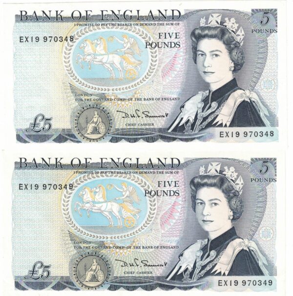 B343 Somerset Five Pounds banknotes. Blue-Black on multicolour underprint. The obverse features Elizabeth II. The reverse features Arthur Wellesley.