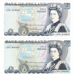 B343 Somerset Five Pounds banknotes. Blue-Black on multicolour underprint. The obverse features Elizabeth II. The reverse features Arthur Wellesley.