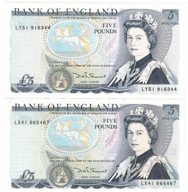 B343 Somerset Five Pounds banknotes. Blue-Black on multicolour underprint. The obverse features Elizabeth II. The reverse features Arthur Wellesley.