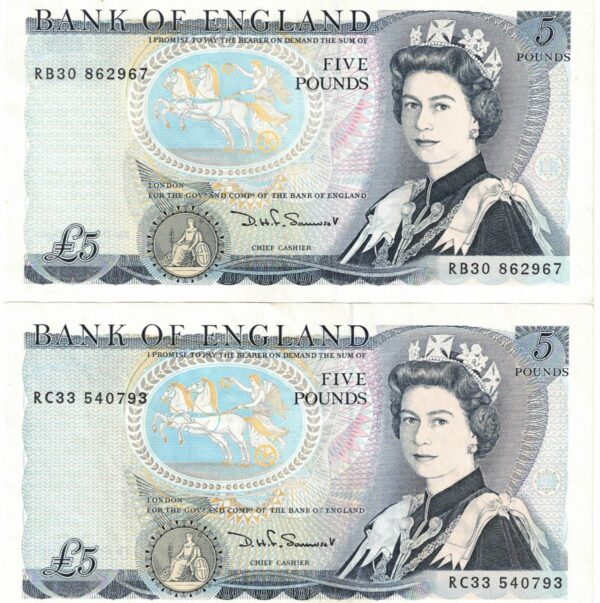 B345 Somerset Five Pounds banknotes. Blue-Black on multicolour underprint. The obverse features Elizabeth II. The reverse features Arthur Wellesley.