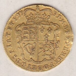 1731 Gold Half Guinea Coin featuring the laureate head portrait of King George II on the obverse. The reverse ornate crowned quartered shield of arms.