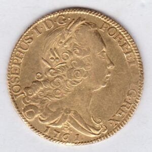 1761 R Brazil Gold 6400 Reis coin. The obverse features the bust of Jos. The reverse features the Coat of Arms of José I, with an italic shield.