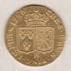 1786 B France Gold Louis d'Or coin. The obverse features the portrait of Louis XVI. The reverse features the crowned arms of France and Navarre in shields.