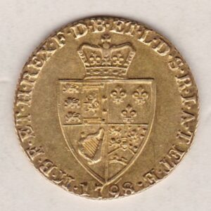 1798 Gold Guinea Coin featuring the fifth laureate head portrait of King George III on the obverse. The spade-shaped shield design is on the reverse.