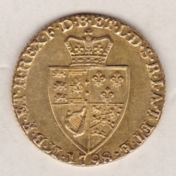 1798 Gold Guinea Coin featuring the fifth laureate head portrait of King George III on the obverse. The spade-shaped shield design is on the reverse.