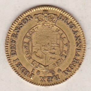 1804 Gold Half Guinea Coin featuring the laureate head portrait of King George III on the obverse. The reverse features the crowned shield of arms.