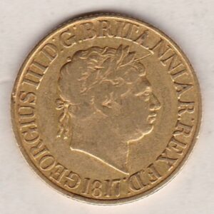 1817 Gold Sovereign Coin. This gold coin features George III on the obverse. St. George slaying the dragon on the reverse.