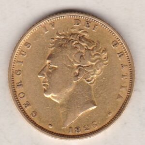 1826 Gold Sovereign Coin. This gold coin features George IV on the obverse. A crowned shield of arms and mantle, legend around on the reverse.