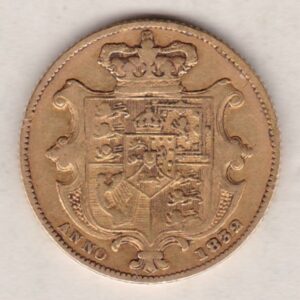 1832 Gold Sovereign Coin. This gold coin features William IV on the obverse. A crowned shield of arms and mantle, legend around on the reverse.