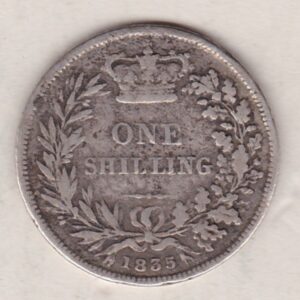 1835 silver shilling coin featuring King William IV on the Obverse. The Reverse has a crown above denomination within wreath, and date below.