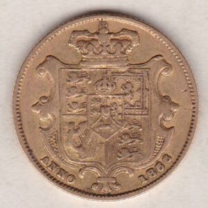 1836 Gold Sovereign Coin. This gold coin features William IV on the obverse. A crowned shield of arms and mantle, legend around on the reverse.