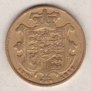 1837 Gold Sovereign Coin. This gold coin features William IV on the obverse. A crowned shield of arms and mantle, legend around on the reverse.