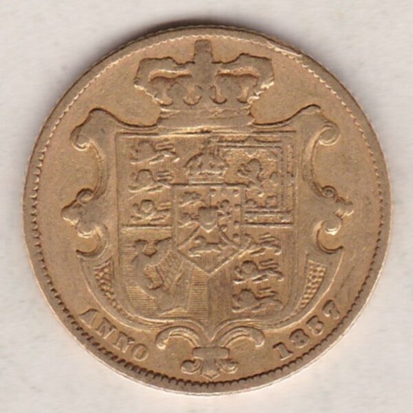 1837 Gold Sovereign Coin. This gold coin features William IV on the obverse. A crowned shield of arms and mantle, legend around on the reverse.