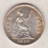 1846 Silver Fourpence Groat coin featuring a young head Queen Victoria on the Obverse. The Britannia, denomination and date are on the reverse.