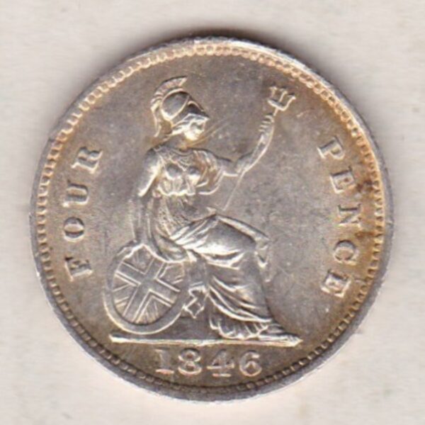 1846 Silver Fourpence Groat coin featuring a young head Queen Victoria on the Obverse. The Britannia, denomination and date are on the reverse.