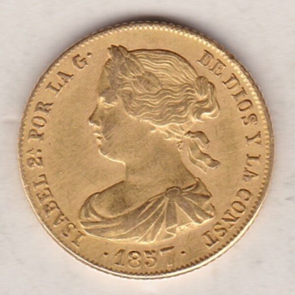 1857 Spain Gold One Hundred Reales coin. The obverse features the bust of Queen Isabella II. The reverse features the crowned coat of arms of Spain.