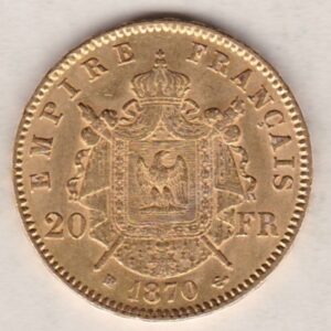 1870 BB France Gold Twenty Francs coins featuring Napoleon III on the Obverse. The imperial symbols, date and mint mark on the Reverse.