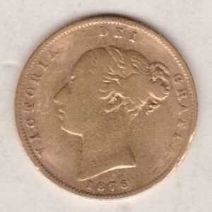 1876 Gold Half Sovereign Coin featuring Queen Victoria Young Head on the Obverse and the shield design on the Reverse with die number 75.