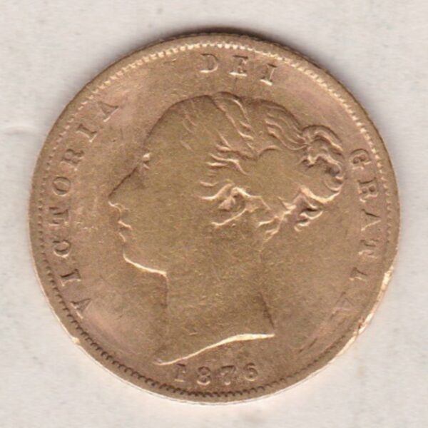 1876 Gold Half Sovereign Coin featuring Queen Victoria Young Head on the Obverse and the shield design on the Reverse with die number 75.