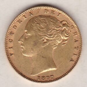 1877 S Gold Sovereign Coin features a young head queen Victoria on the Obverse and the collectable shield design on the Reverse.