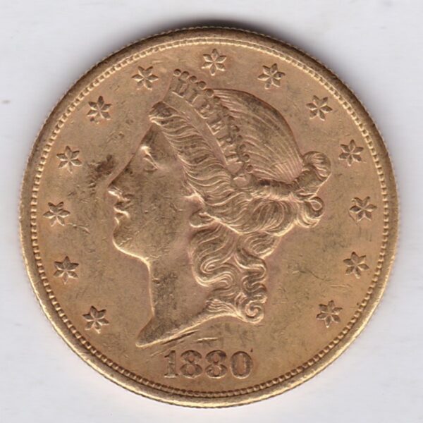 1880 S USA Twenty Dollars coin featuring the Lady Liberty on the Obverse. The eagle with a shield on its chest completes the Reverse.