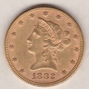 1882 USA Ten Dollars coin featuring the bust of Liberty surrounded by 13 stars on the Obverse and the eagle on an olive branch on the Reverse.