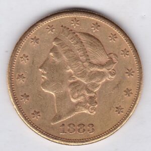 1883 S USA Twenty Dollars coin featuring the Lady Liberty on the Obverse. The eagle with a shield on its chest completes the Reverse.