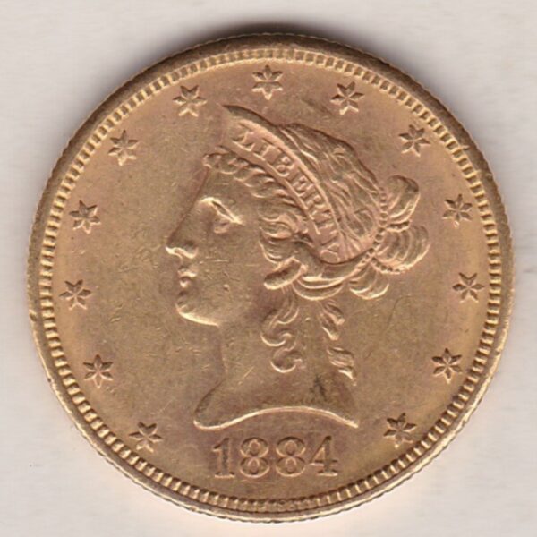 1884 S USA Ten Dollars coin featuring the bust of Liberty surrounded by 13 stars on the Obverse and the eagle on an olive branch on the Reverse.