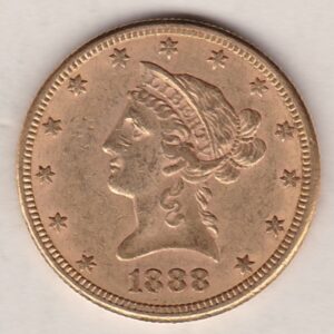 1888 S USA Ten Dollars coin featuring the bust of Liberty surrounded by 13 stars on the Obverse and the eagle on an olive branch on the Reverse.