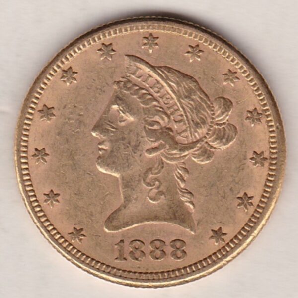 1888 S USA Ten Dollars coin featuring the bust of Liberty surrounded by 13 stars on the Obverse and the eagle on an olive branch on the Reverse.