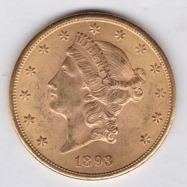 1893 S USA Twenty Dollars coin featuring the Lady Liberty on the Obverse. The eagle with a shield on its chest completes the Reverse.