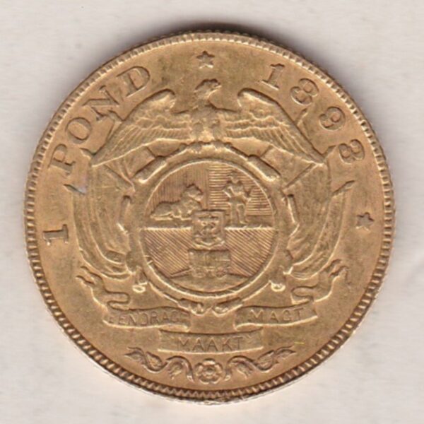 1893 South Africa Gold Pond coin featuring Paul Kruger on the Obverse. The Arms of the South African Republic on the reverse.