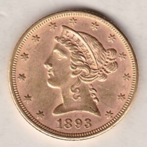 1893 USA Five Dollars coin struck in Philadelphia, the Coronet head design on the Obverse. The eagle on the Reverse. EF condition.