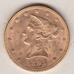 1893 USA Ten Dollars coin featuring the bust of Liberty surrounded by 13 stars on the Obverse and the eagle on an olive branch on the Reverse.