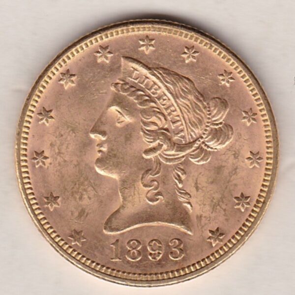 1893 USA Ten Dollars coin featuring the bust of Liberty surrounded by 13 stars on the Obverse and the eagle on an olive branch on the Reverse.