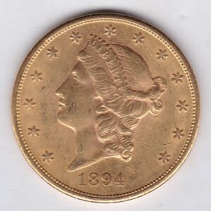 1894 S USA Twenty Dollars coin featuring the Lady Liberty on the Obverse. The eagle with a shield on its chest completes the Reverse.