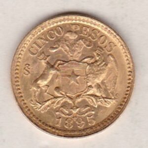 1895 Chile Gold Five Pesos coin. The obverse features liberty facing left. The reverse features plumed arms with supporters.