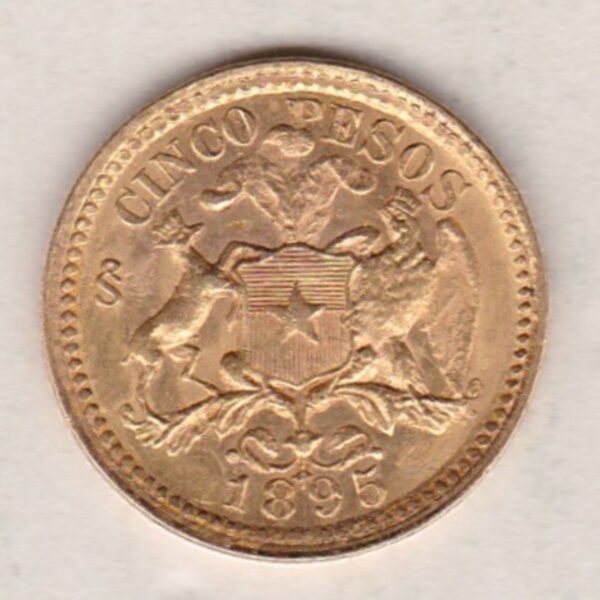 1895 Chile Gold Five Pesos coin. The obverse features liberty facing left. The reverse features plumed arms with supporters.