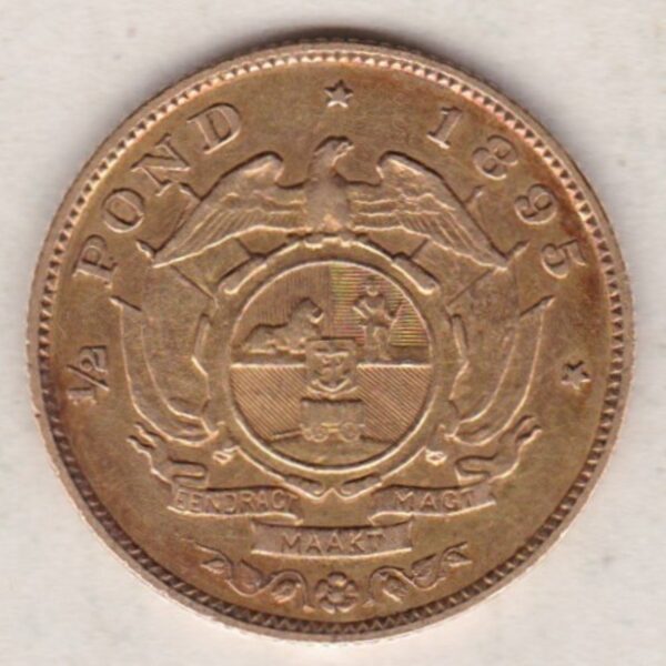 1895 South Africa Gold Half Pond coin featuring Paul Kruger on the Obverse. The Arms of the South African Republic on the reverse.