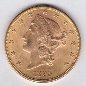 1895 USA Twenty Dollars coin featuring the Lady Liberty on the Obverse. The eagle with a shield on its chest completes the Reverse.