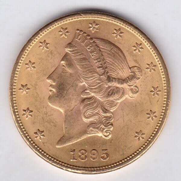 1895 USA Twenty Dollars coin featuring the Lady Liberty on the Obverse. The eagle with a shield on its chest completes the Reverse.
