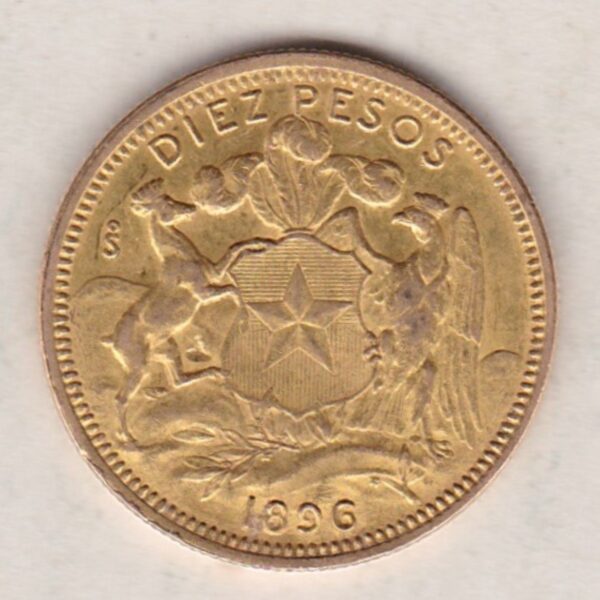 1896 Chile Gold Ten Pesos coin. The obverse features liberty facing left. The reverse features plumed arms with supporters.