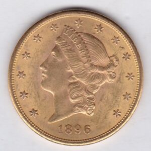 1896 S USA Twenty Dollars coin featuring the Lady Liberty on the Obverse. The eagle with a shield on its chest completes the Reverse.