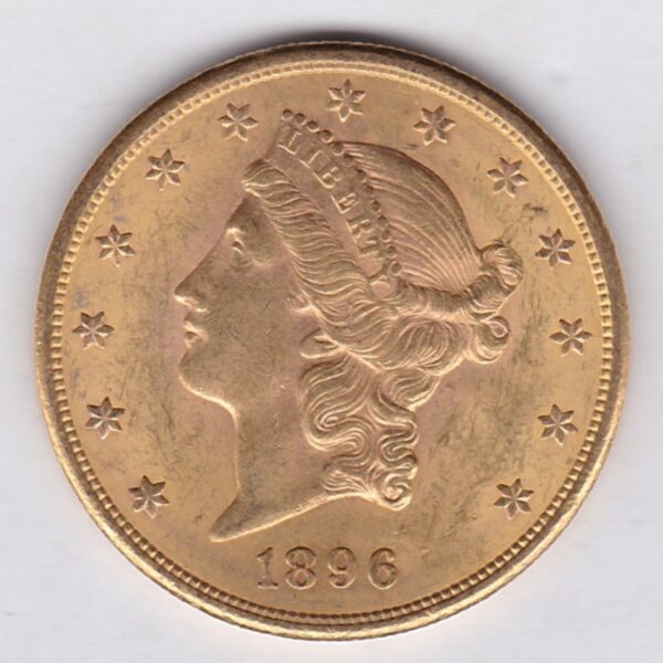 1896 S USA Twenty Dollars coin featuring the Lady Liberty on the Obverse. The eagle with a shield on its chest completes the Reverse.