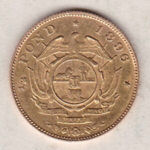 1896 South Africa Gold Half Pond coin featuring Paul Kruger on the Obverse. The Arms of the South African Republic on the reverse.