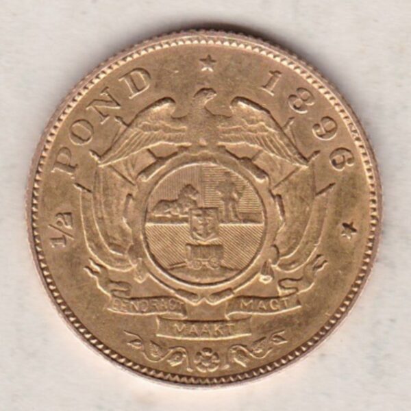 1896 South Africa Gold Half Pond coin featuring Paul Kruger on the Obverse. The Arms of the South African Republic on the reverse.